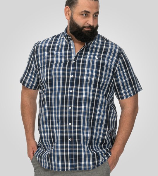 WALSALL-D555 Navy Check Button Down Collar S/S Shirt With Pocket
