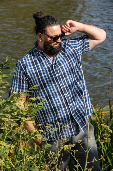 WALSALL-D555 Navy Check Button Down Collar S/S Shirt With Pocket