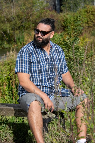 WALSALL-D555 Navy Check Button Down Collar S/S Shirt With Pocket