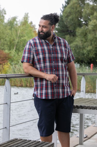 SHIELDS-D555 Red Check Button Down Collar S/S Shirt With Pocket