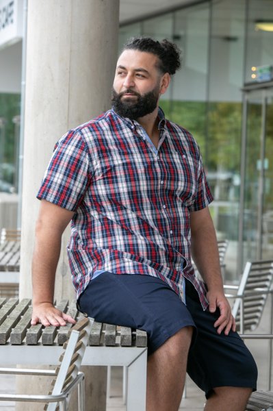 SHIELDS-D555 Red Check Button Down Collar S/S Shirt With Pocket