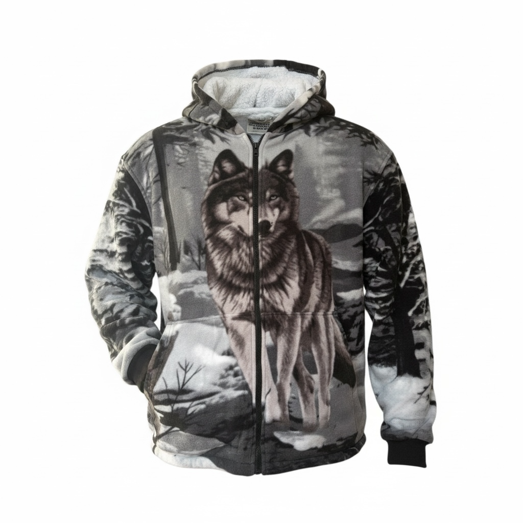 Monochrome Wolf Sherpa Fleece Zip Hoodie