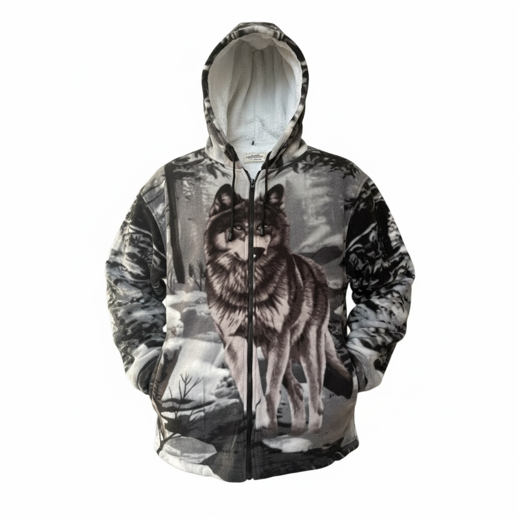 Monochrome Wolf Sherpa Fleece Zip Hoodie