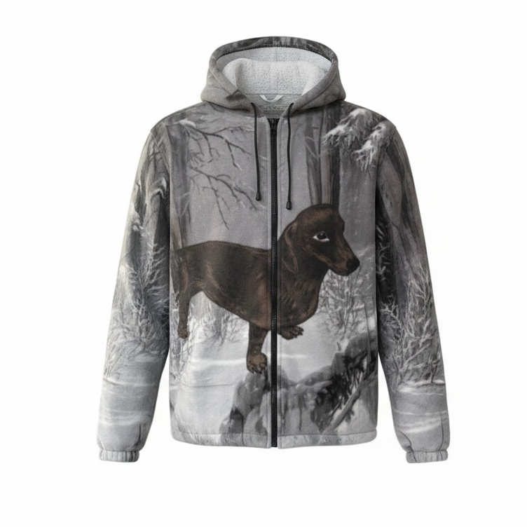 Dachshund Winter Forest Fleece Zip Hoodie