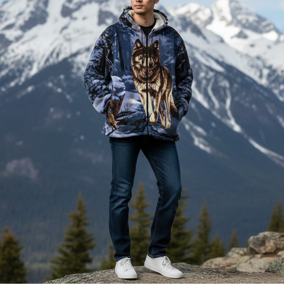 Blue Winter Wolf Sherpa Fleece Hoodie