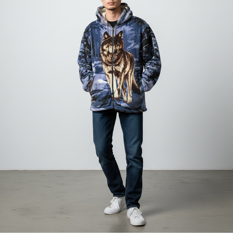 Blue Winter Wolf Sherpa Fleece Hoodie