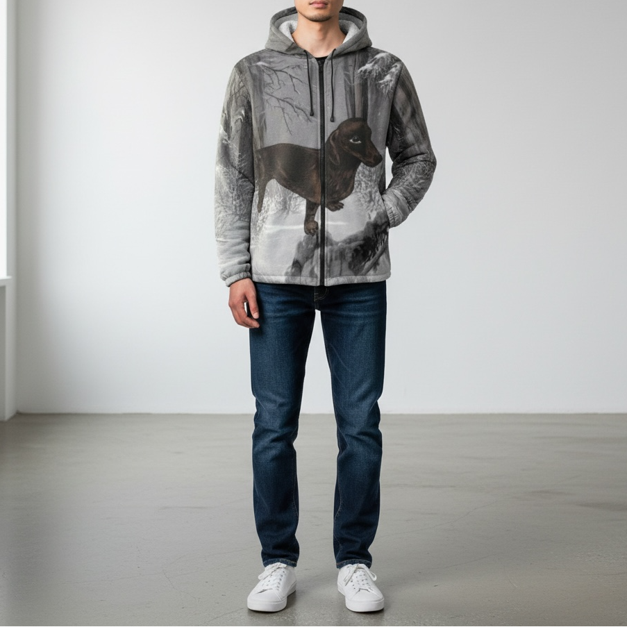 Dachshund Winter Forest Fleece Zip Hoodie