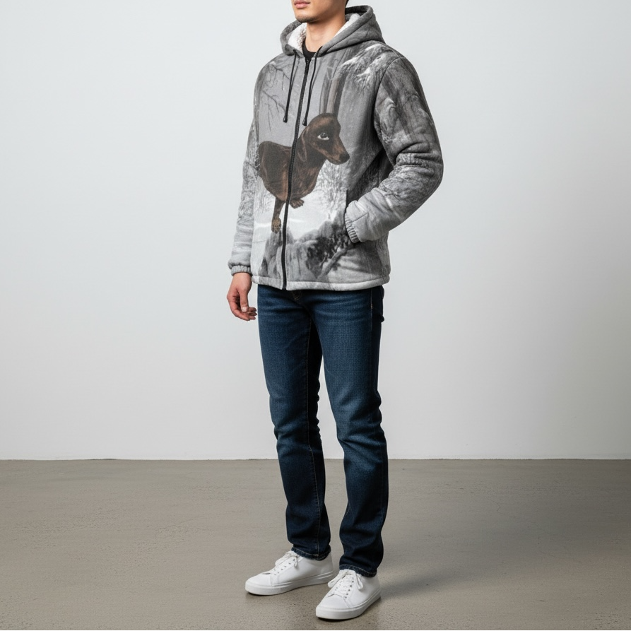 Dachshund Winter Forest Fleece Zip Hoodie