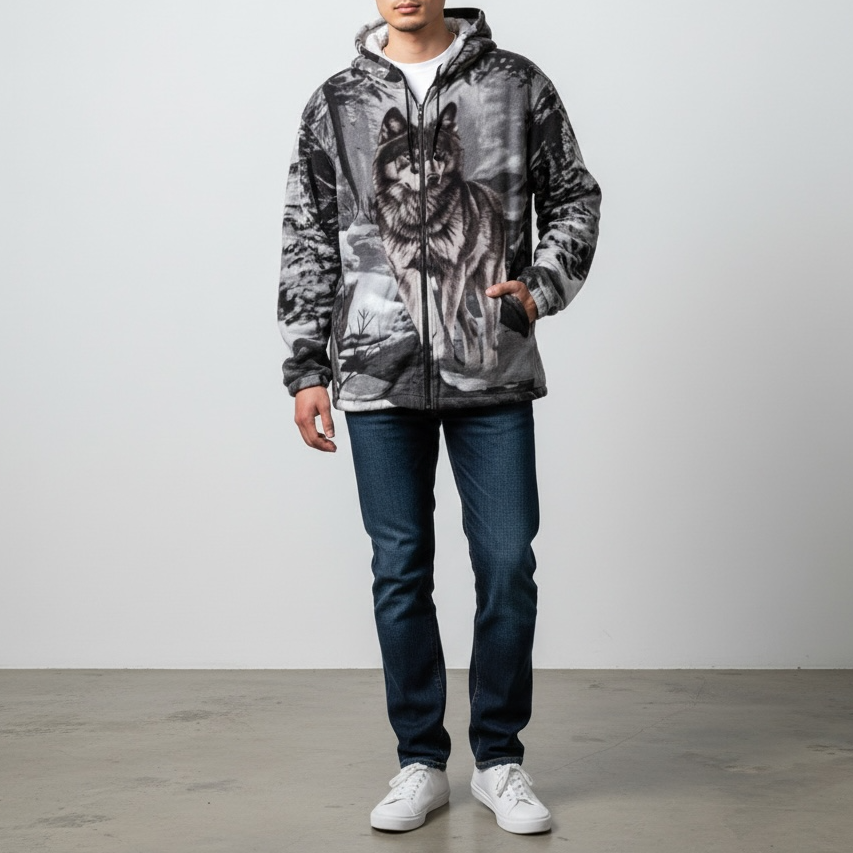 Monochrome Wolf Sherpa Fleece Zip Hoodie