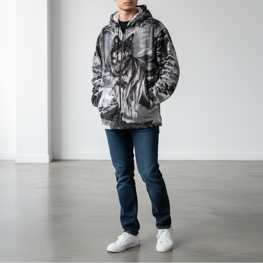 Monochrome Wolf Sherpa Fleece Zip Hoodie