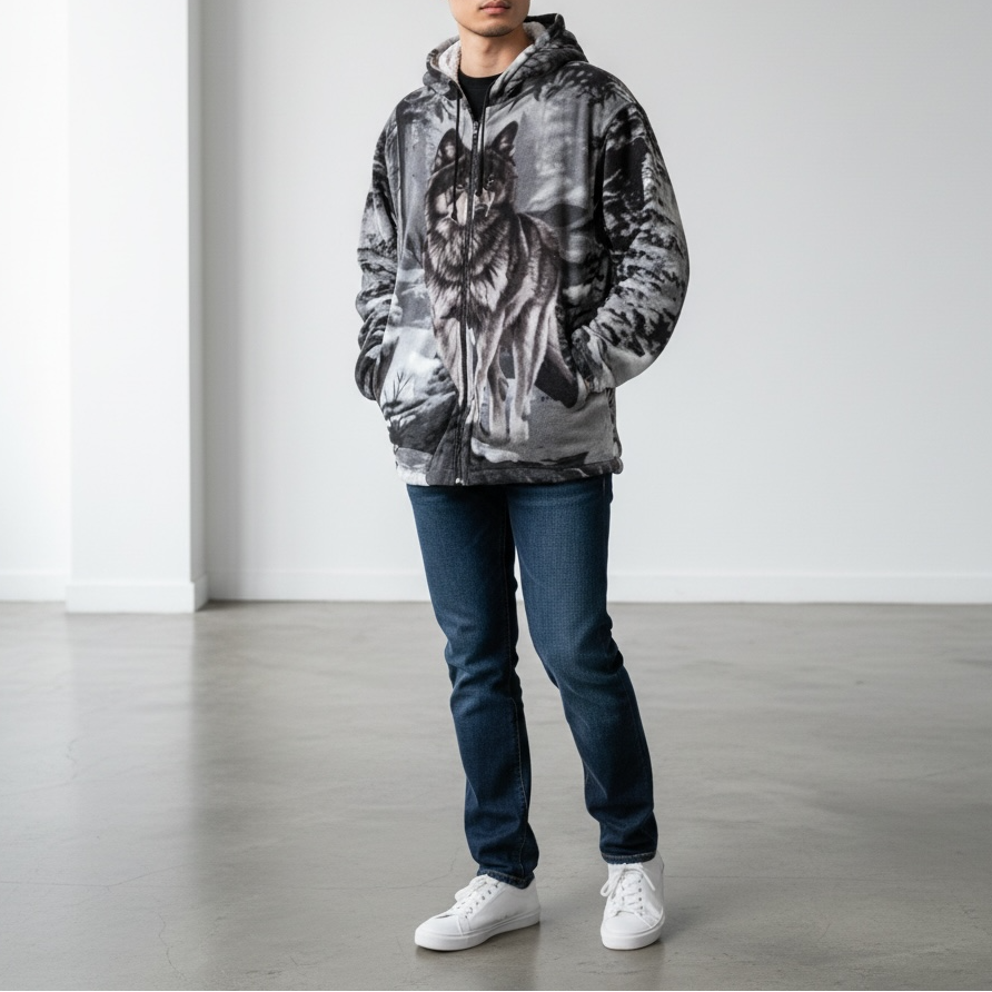 Monochrome Wolf Sherpa Fleece Zip Hoodie