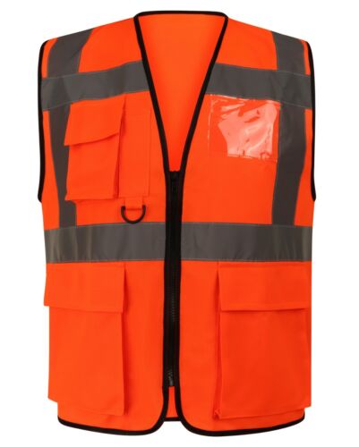 HI VIZ VIS Zip UP Vest Waistcoat with Multi Pockets Phone and ID Pockets