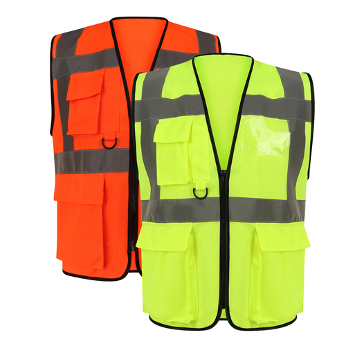 HI VIZ VIS Zip UP Vest Waistcoat with Multi Pockets Phone and ID Pockets